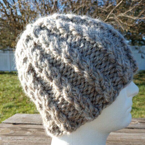 Alpaca Beanie Skully Hat Men Thick Chunky Hand Knit Wool Rib Barn Owl Beige L XL - Picture 3 of 9